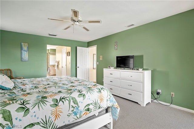 bedroom featuring light carpet and ceiling fan