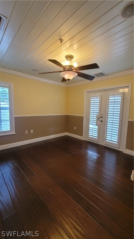 unfurnished room with ceiling fan, wood-type flooring, french doors, and plenty of natural light