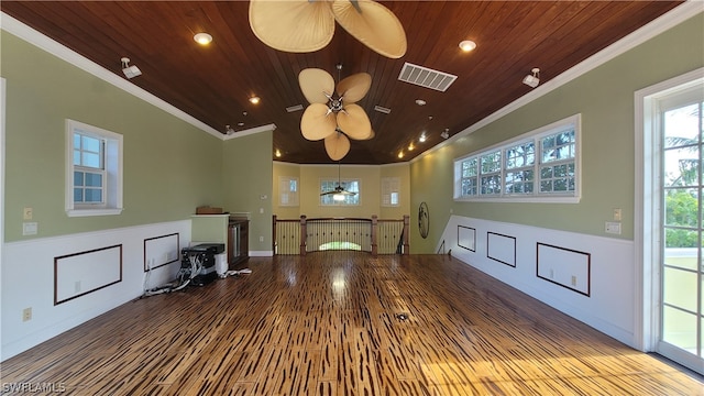 interior space featuring ceiling fan, hardwood / wood-style floors, and wooden ceiling