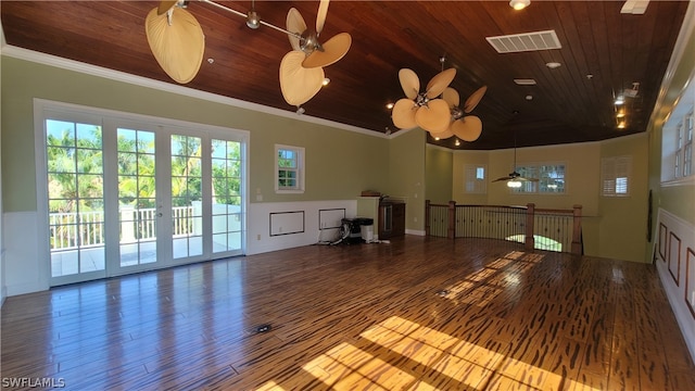 interior space featuring wood-type flooring, wooden ceiling, ceiling fan, and crown molding