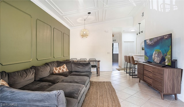 living area with visible vents, baseboards, crown molding, and light tile patterned flooring