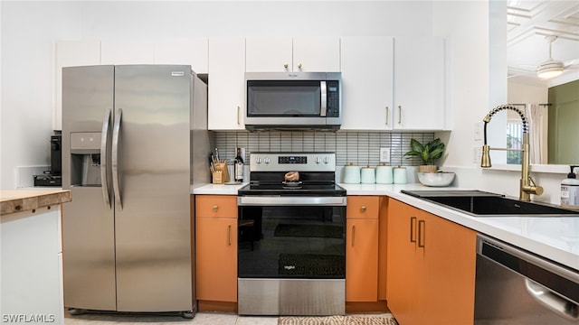 kitchen with sink, tasteful backsplash, white cabinets, and stainless steel appliances