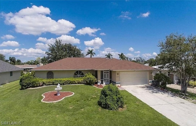 ranch-style home with a garage and a front yard