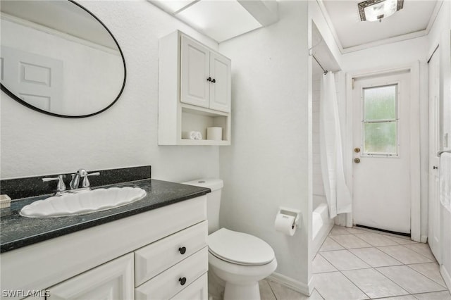 full bathroom with toilet, vanity, tile patterned flooring, crown molding, and shower / bath combination with curtain