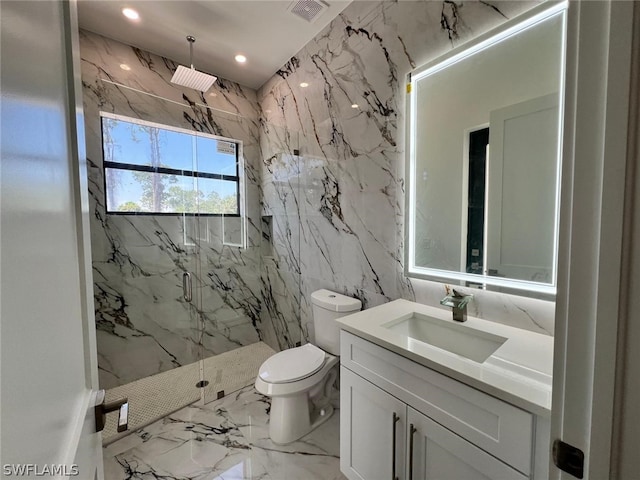 bathroom featuring vanity, toilet, an enclosed shower, and tile walls