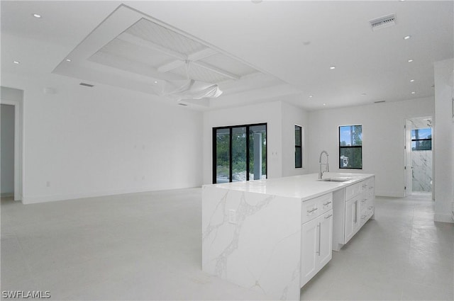 kitchen with white cabinets, plenty of natural light, light stone counters, and an island with sink