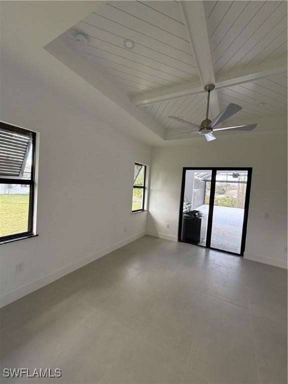 unfurnished room with ceiling fan, lofted ceiling with beams, and wooden ceiling