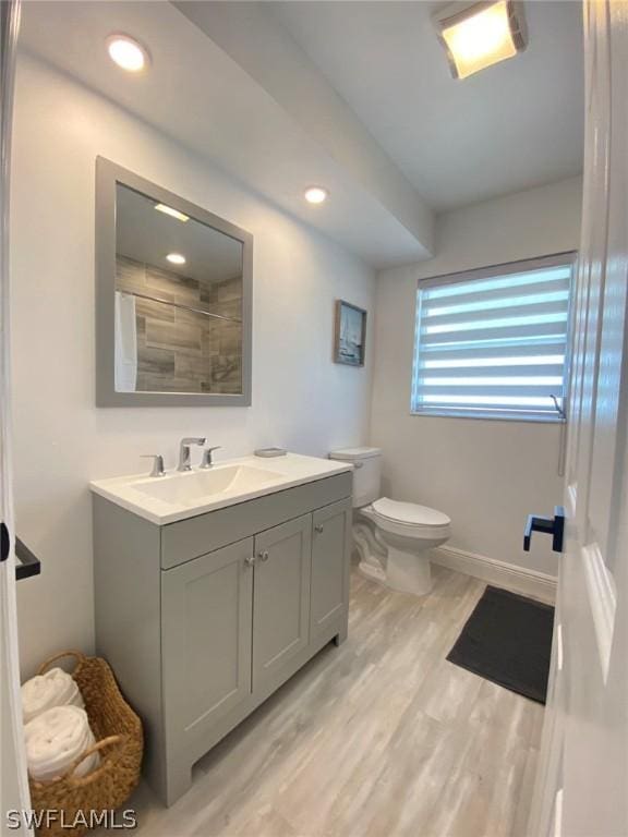 full bath featuring baseboards, toilet, a shower with curtain, wood finished floors, and vanity