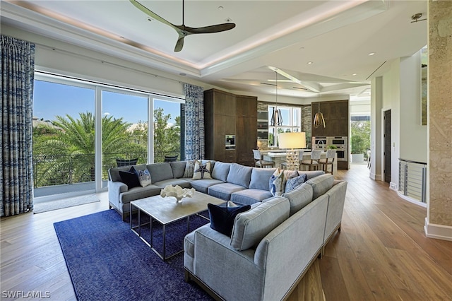 living room with ceiling fan, hardwood / wood-style flooring, and a tray ceiling