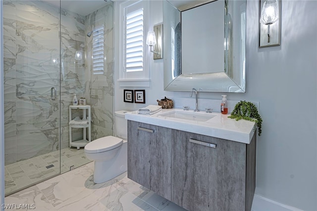 bathroom with tile flooring, oversized vanity, toilet, and a shower with door