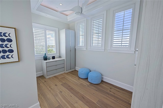 bedroom featuring a tray ceiling, ceiling fan, and light hardwood / wood-style flooring