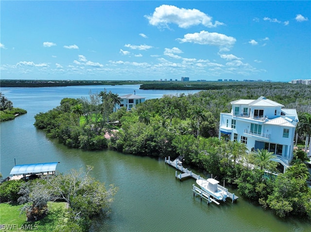 drone / aerial view featuring a water view