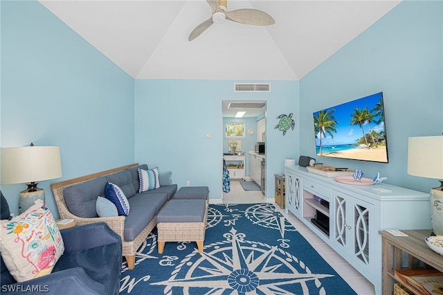 living room featuring high vaulted ceiling, light tile patterned flooring, and ceiling fan