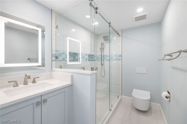 bathroom with vanity, toilet, and walk in shower