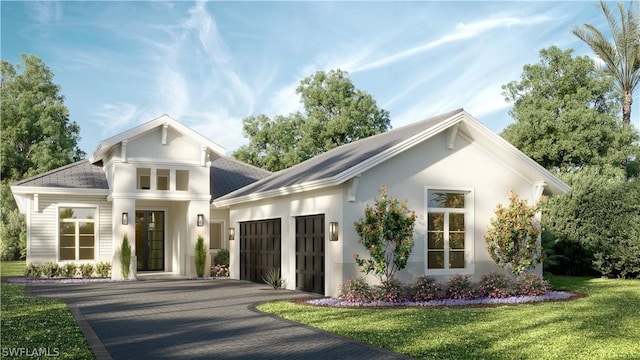 view of front facade featuring a garage, driveway, a front yard, and stucco siding