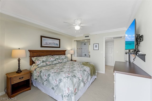 bedroom featuring visible vents, ornamental molding, a ceiling fan, light carpet, and baseboards