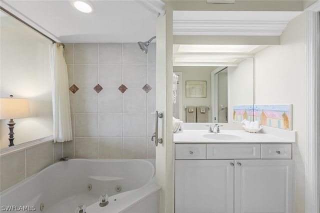 bathroom with a combined bath / shower with jetted tub and vanity