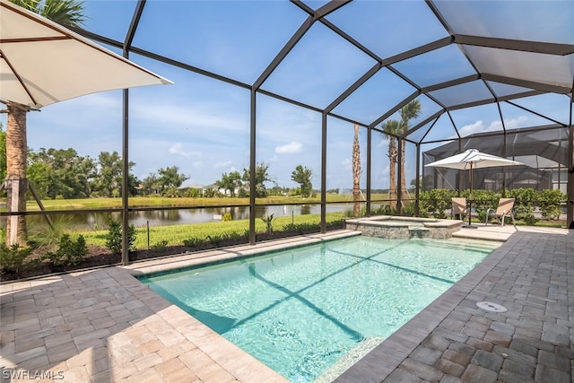 view of swimming pool with a lanai, a water view, an in ground hot tub, and a patio