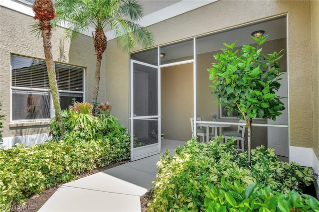 doorway to property with stucco siding