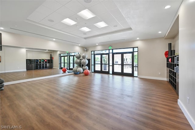 exercise area featuring wood-type flooring, a raised ceiling, and french doors