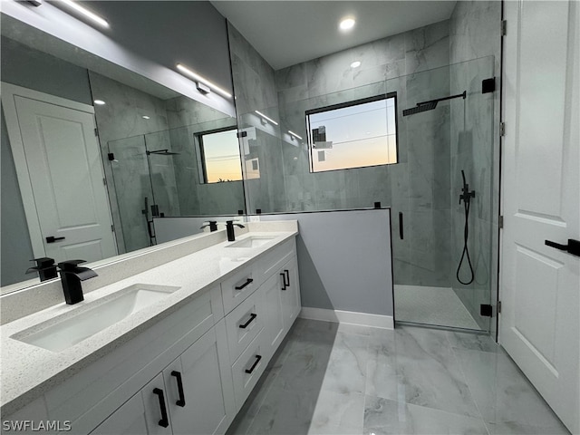 bathroom with tile flooring, double sink vanity, and walk in shower