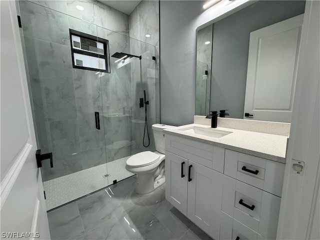 bathroom with walk in shower, tile flooring, toilet, and vanity