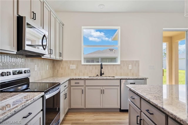 kitchen with decorative backsplash, sink, light wood-type flooring, stainless steel appliances, and light stone counters