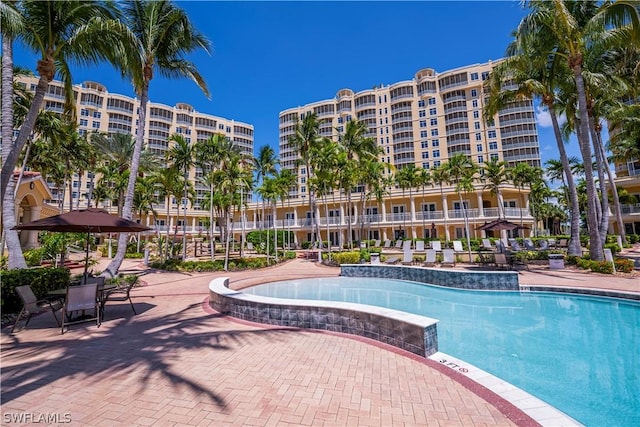 view of swimming pool featuring a patio