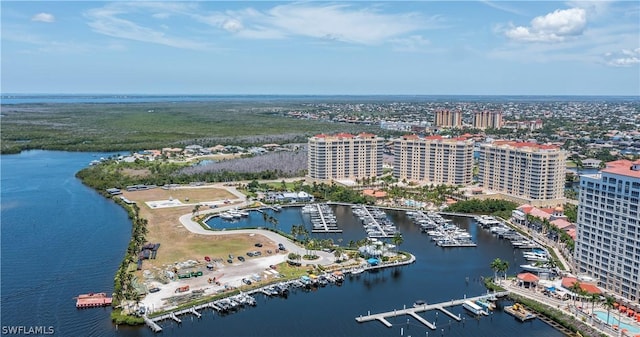 birds eye view of property featuring a city view and a water view