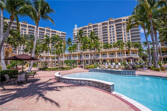 view of swimming pool with a patio area