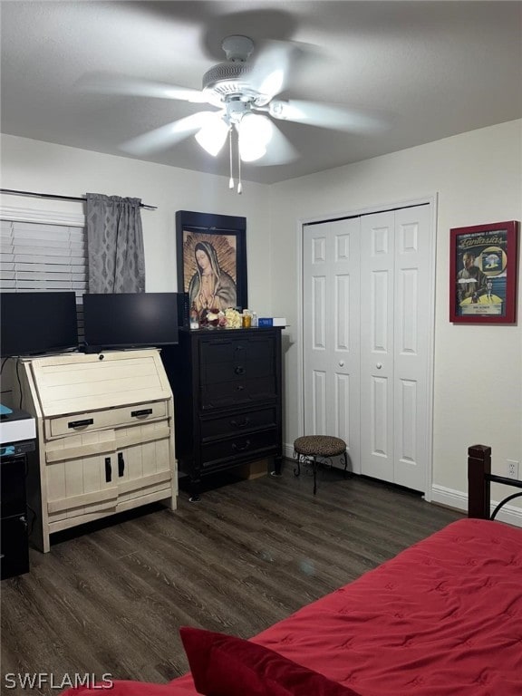 bedroom featuring a closet, ceiling fan, and dark hardwood / wood-style flooring