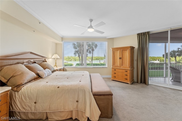 bedroom featuring light carpet, access to outside, ceiling fan, and ornamental molding