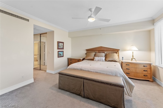 bedroom featuring light colored carpet, ceiling fan, and ornamental molding