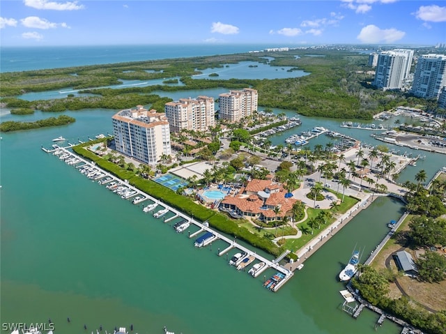 drone / aerial view featuring a water view