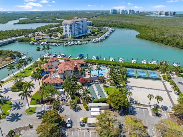 aerial view featuring a water view