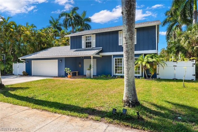 view of front of home featuring board and batten siding, a gate, a garage, and concrete driveway