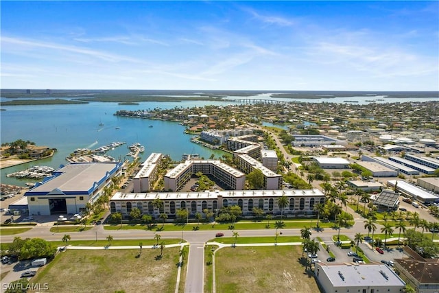 drone / aerial view with a water view