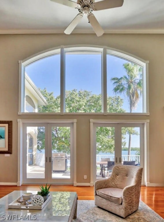 living room with ceiling fan, french doors, a healthy amount of sunlight, and hardwood / wood-style flooring