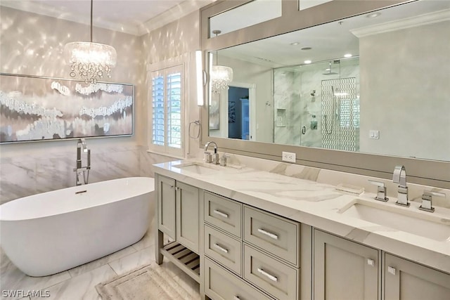 bathroom featuring vanity, plus walk in shower, an inviting chandelier, crown molding, and tile walls