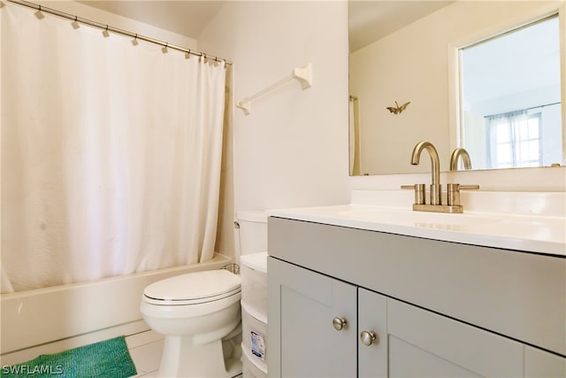 bathroom with toilet, shower / tub combo, tile patterned floors, and vanity