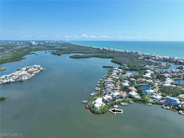 drone / aerial view with a water view