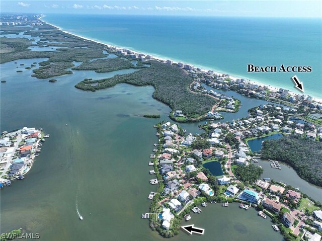 drone / aerial view featuring a water view