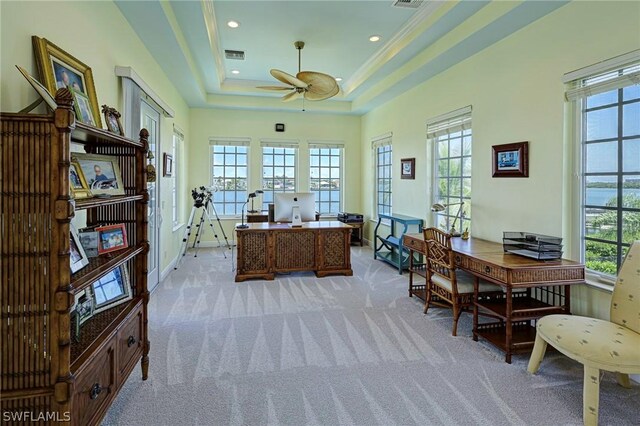 carpeted office space featuring ceiling fan and a tray ceiling