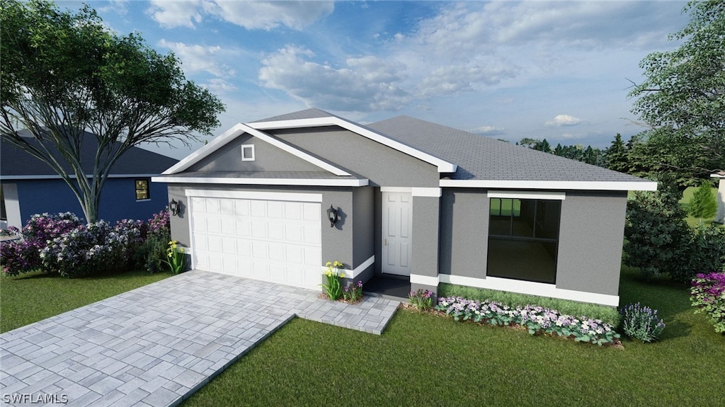 view of front of house featuring a garage and a front lawn