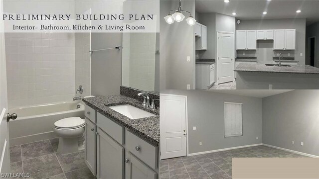 full bathroom with tile flooring, vanity, toilet, and tub / shower combination