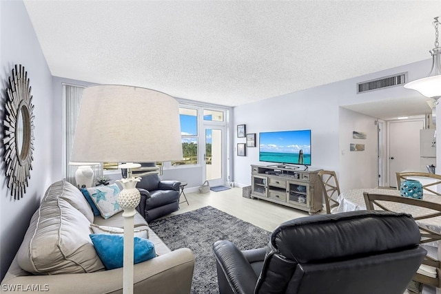 living room featuring light hardwood / wood-style flooring and a textured ceiling