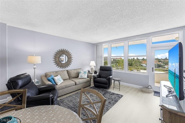 living room with a textured ceiling and hardwood / wood-style flooring