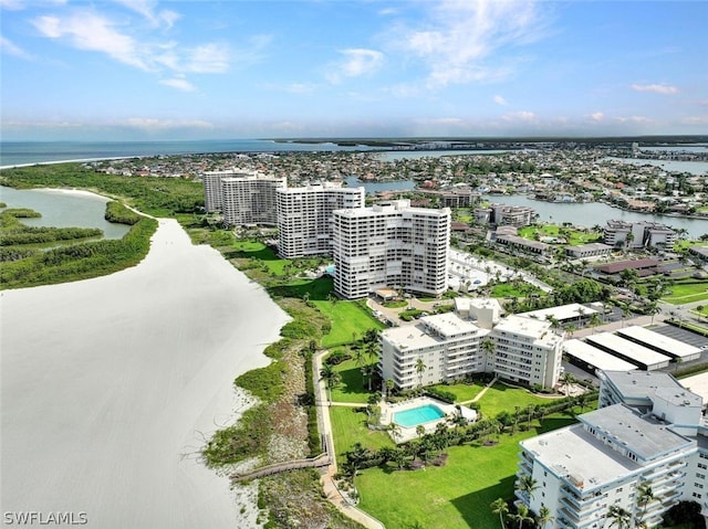 drone / aerial view featuring a water view