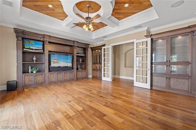 15401 Old Wedgewood Ct, Fort Myers, FL 33908 - unfurnished living room with crown molding, light hardwood / wood-style flooring, ceiling fan, and french doors