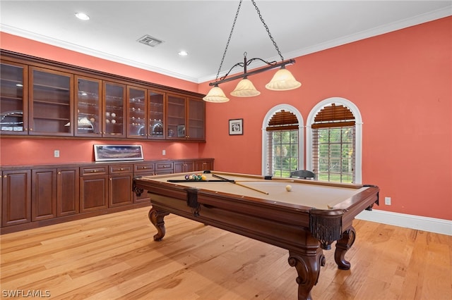 15401 Old Wedgewood Ct, Fort Myers, FL 33908 - recreation room featuring ornamental molding, light hardwood / wood-style floors, and billiards